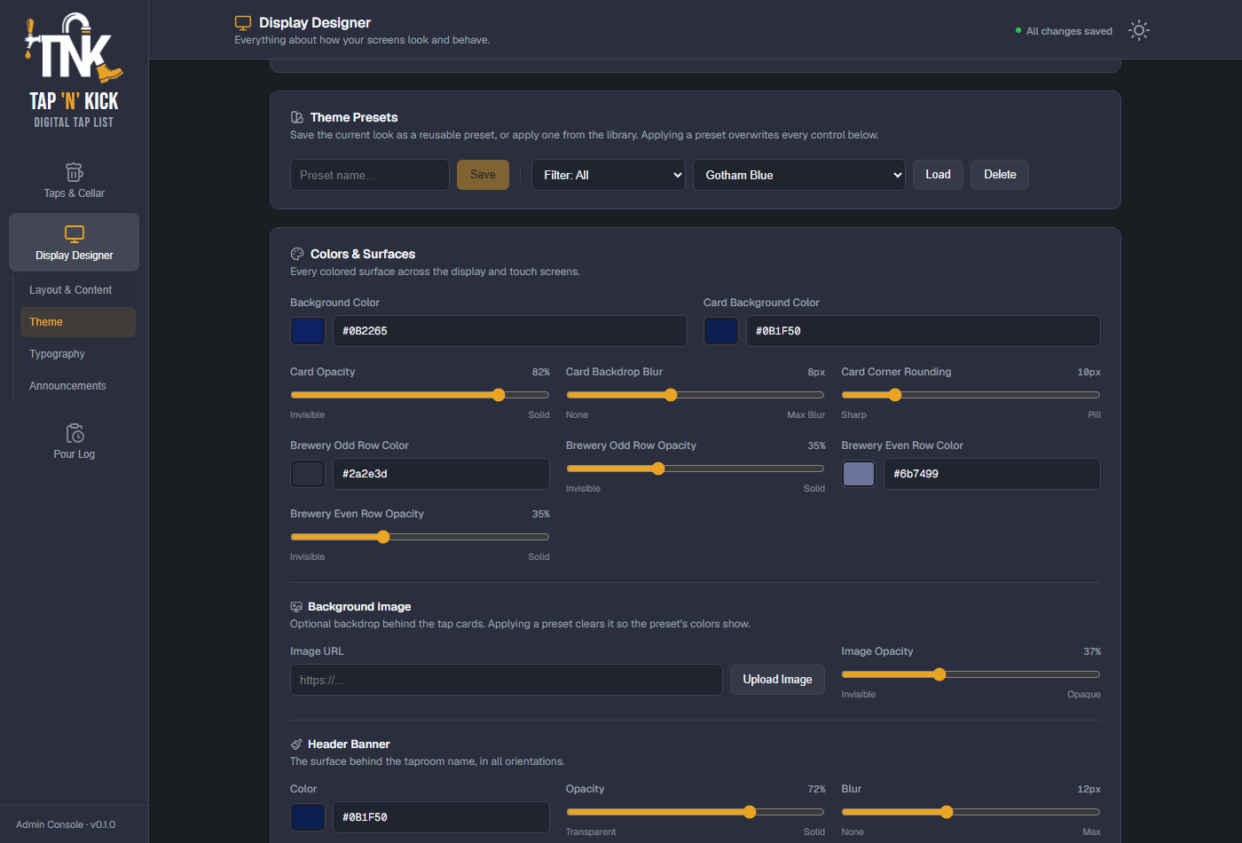 Display Designer theme customization panel