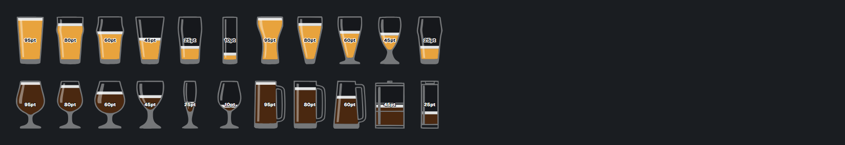 All 22 supported glass and keg shapes, filled to varying levels with different beer colors